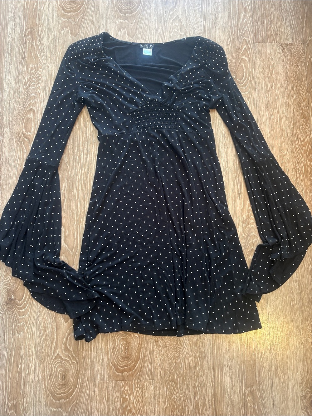 Venus Black Polka Dot Long Bell Sleeve Dress size S